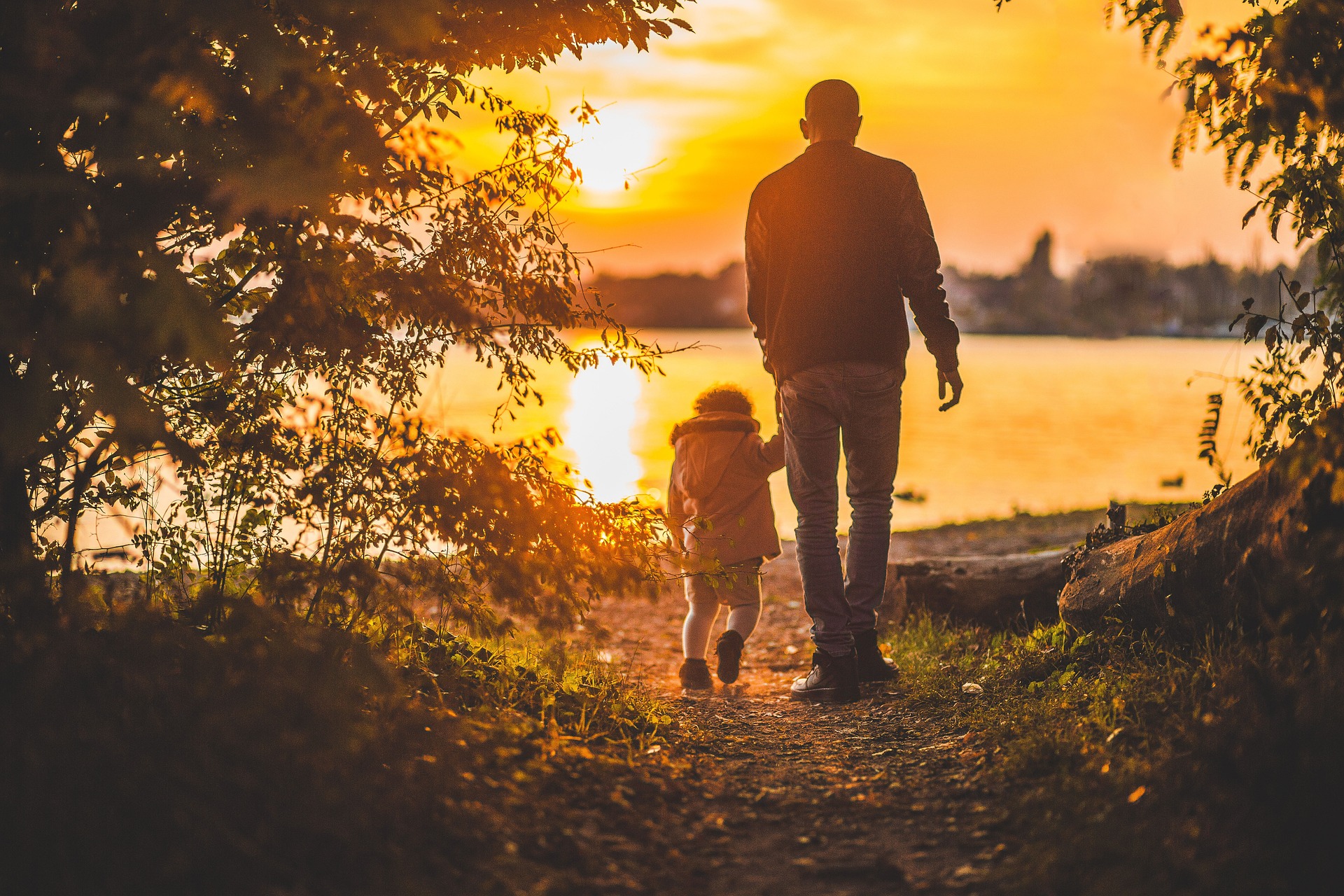 Father and child walking hand in hand against a golden sunset, symbolizing the timeless connection of family history and generational bonds.